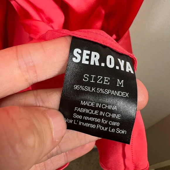 SER.O.YA Demi Silk Dress Size Medium Neon Coral Pink Shirt Dress Wrap Party - Picture 12 of 13